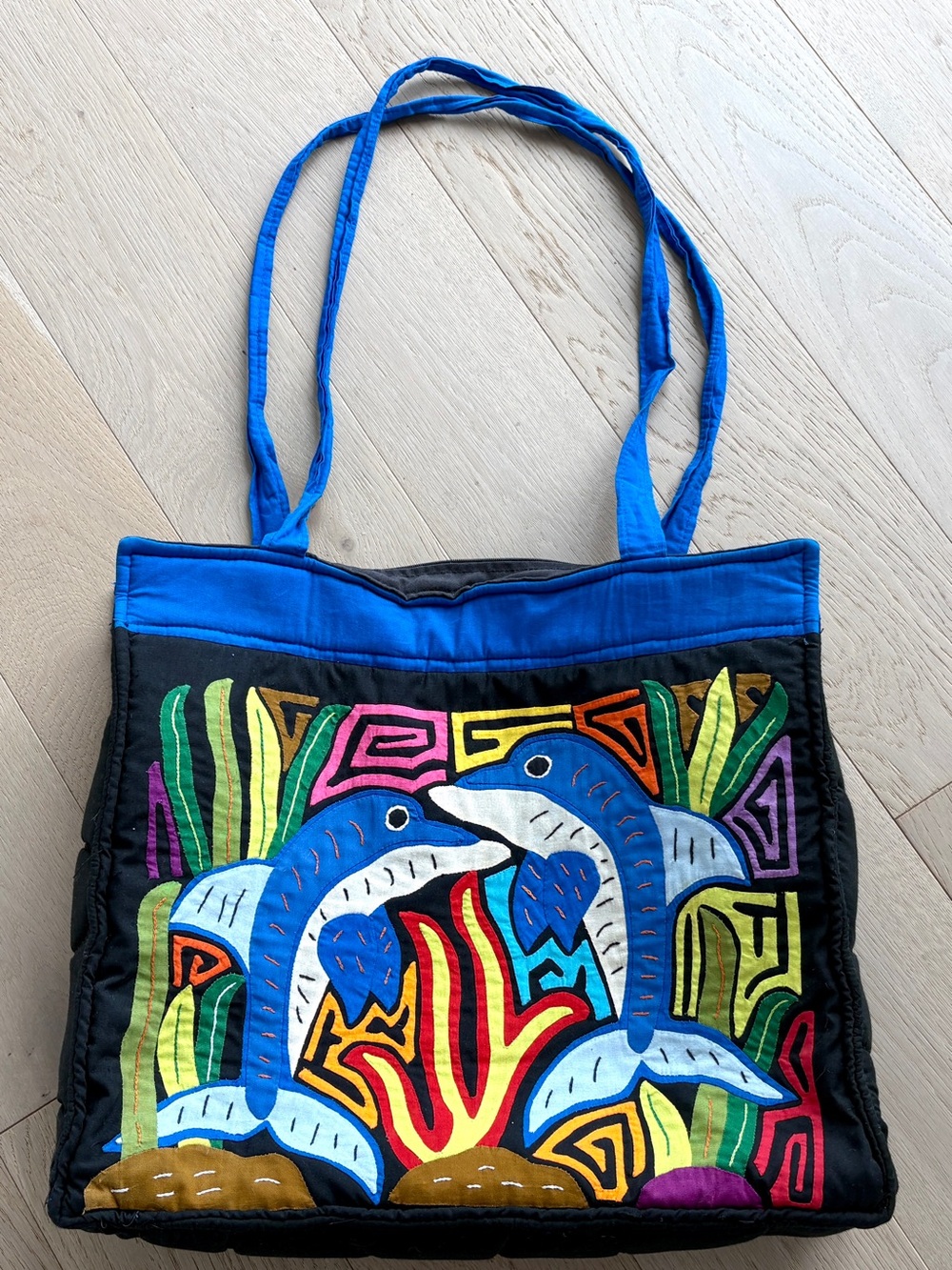 Blue Multi-Color Dolphin Embroidered Tote Bag. Handmade by an artisan!